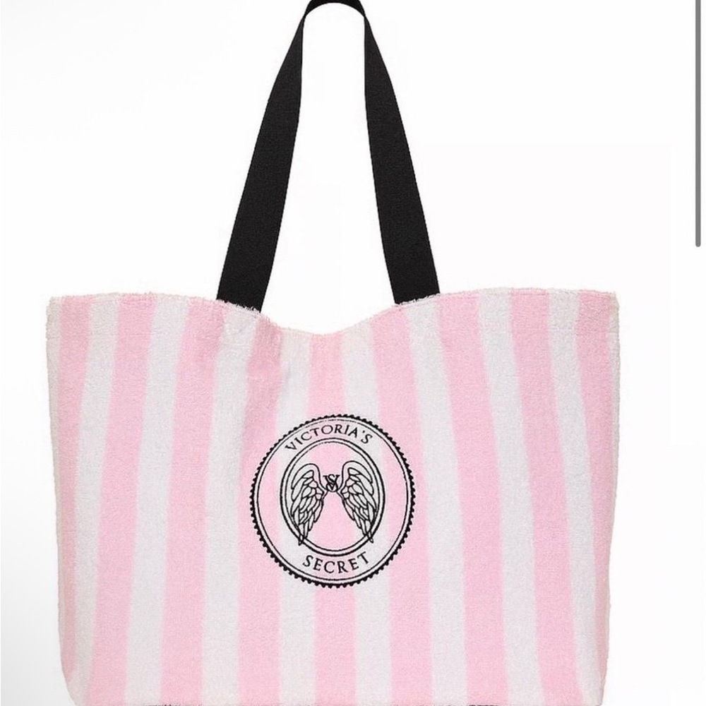 Victoria's Secret Pink & White Striped Tote with Black Handles